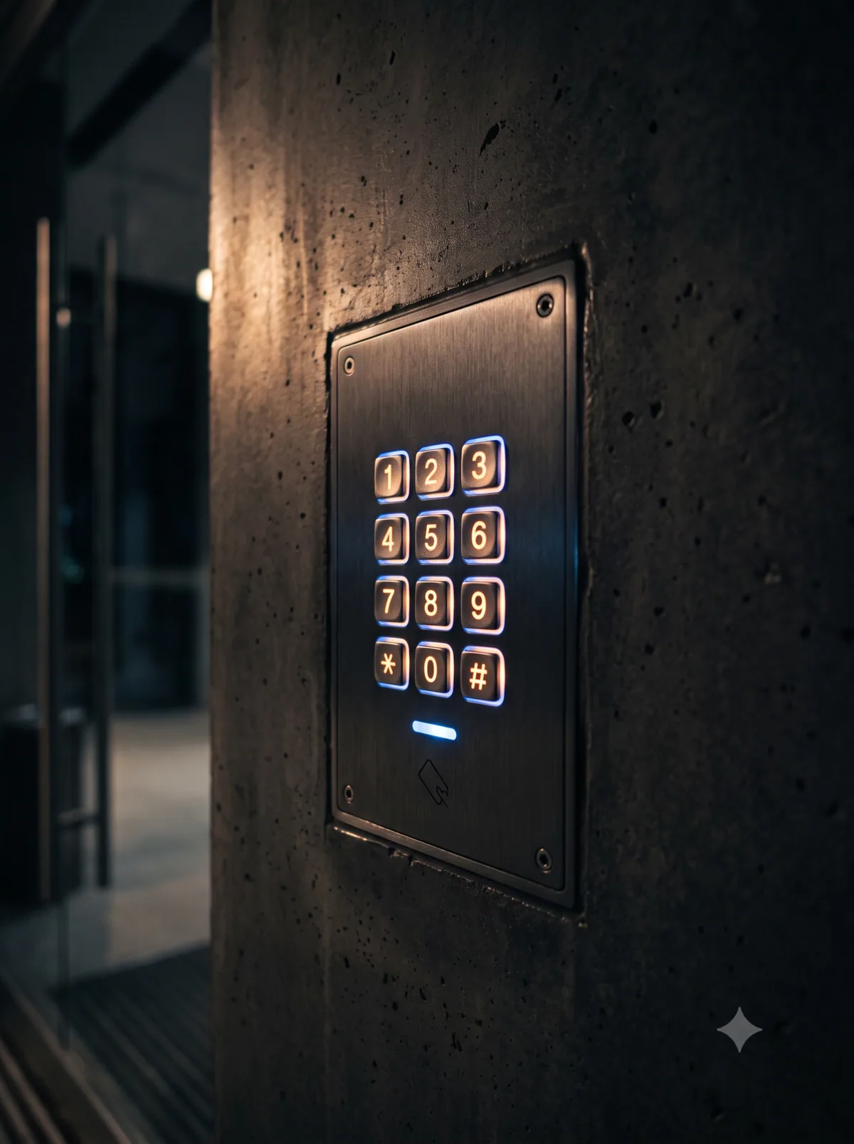 Modern access control keypad panel installed at a commercial facility