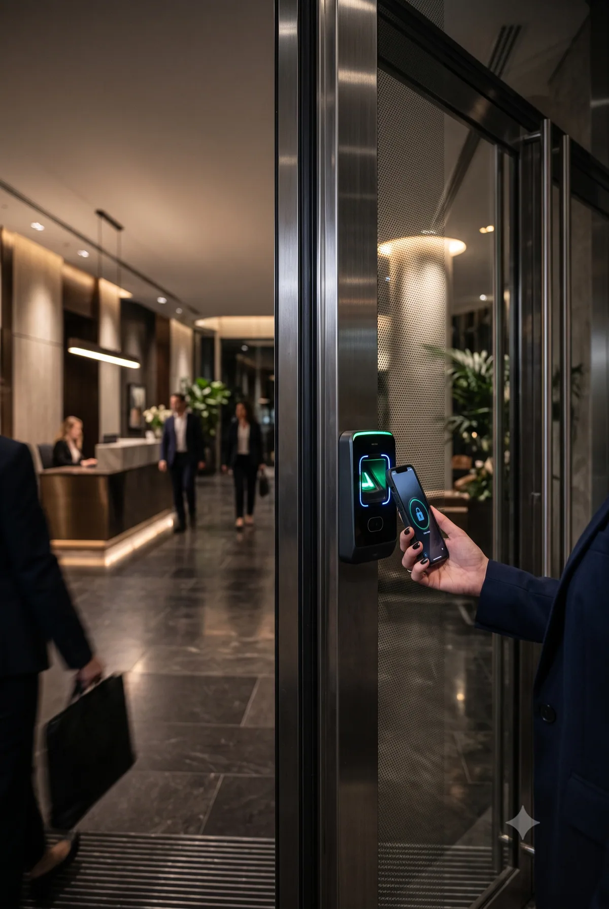 Security professional using biometric access reader at a controlled commercial entrance